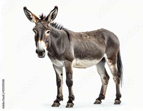 A full body shot of a gray donkey standing in a white studio looking directly at the viewer calmly