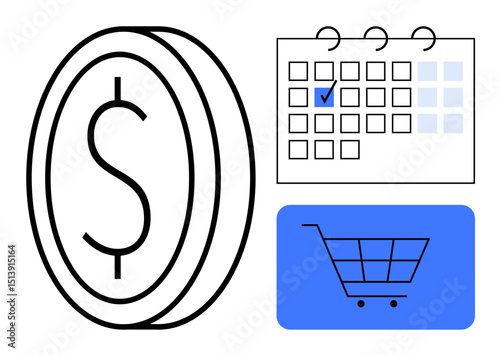 Coin with dollar sign, marked calendar, and shopping cart illustration. Ideal for budgeting, time management, e-commerce, savings, financial planning retail and consumer behavior. Flat simple