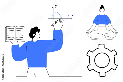 Person studying with book and sketching graph, woman meditating in lotus pose, gear icon. Ideal for education, productivity, self-improvement, focus, wellness, balance simple landing page
