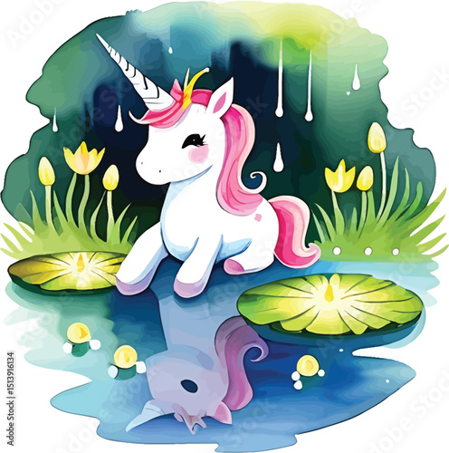 Watercolor Unicorn Illustration Cute Fantasy Animal Sitting By Pond Reflection For Childrens Books Art Prints And Nursery Decor Projects Vector Design