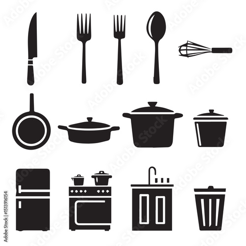 A vector illustration shows a set of kitchen tools and utensils like a spoon, fork, knife, and pot, essential for cooking in any kitchen or restaurant