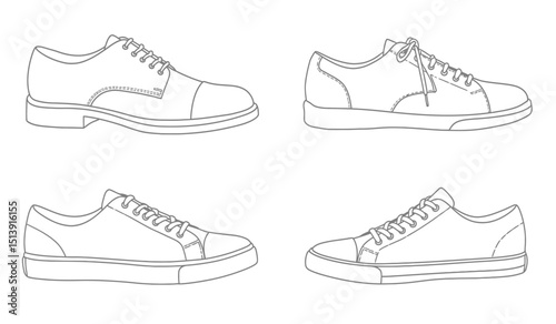 set of outline Cool Sneakers. Shoes sneaker outline drawing vector, Sneakers drawn in a sketch style, sneaker trainers template outline, Set Collection. vector Illustration.