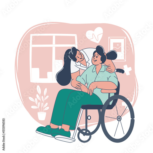 Nurse Comforting Patient in Wheelchair Flat Vector Illustration