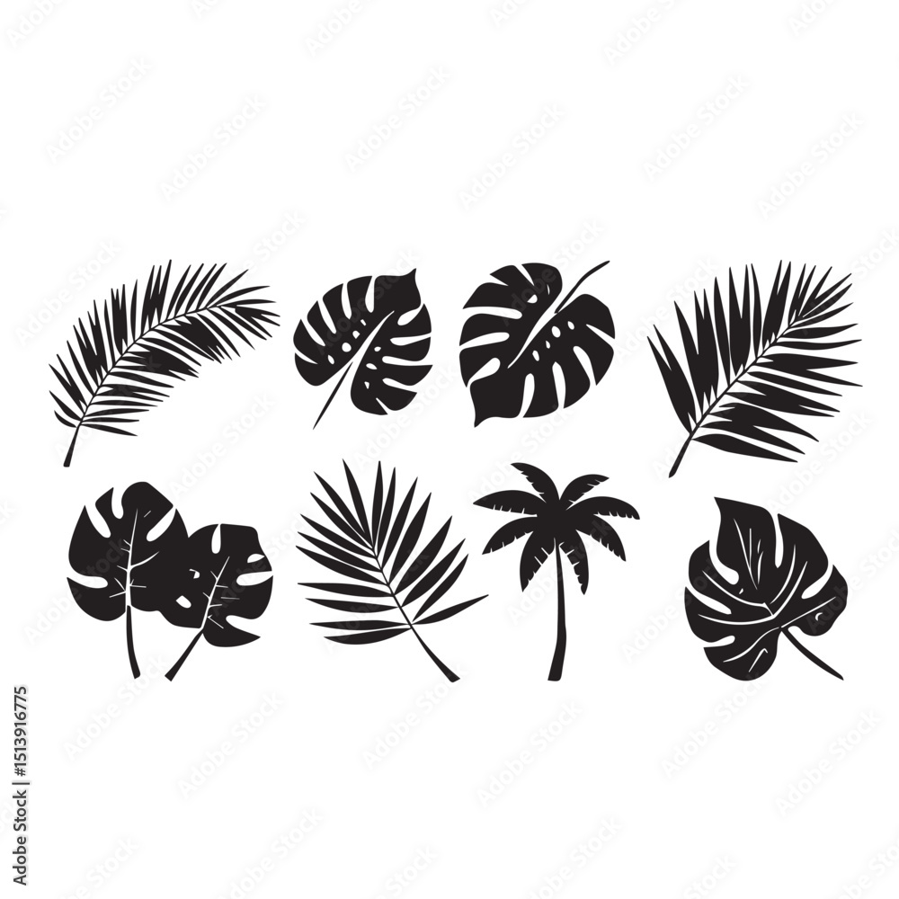 A vector set of black leaf silhouettes, a tropical floral design collection A vector set of black leaf silhouettes, a tropical floral design collection