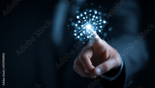 A hand touching a glowing sphere made of interconnected dots in a dark and blurry background