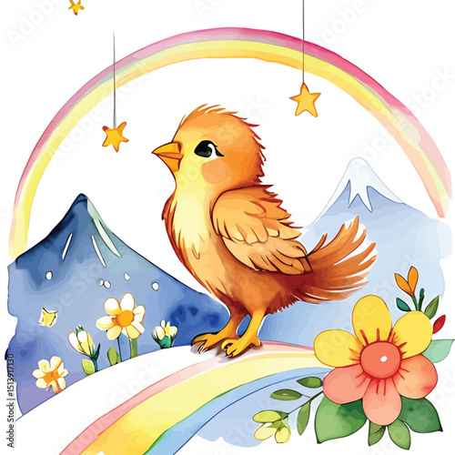 Whimsical Watercolor Bird Illustration Cute Animal Design With Rainbow And Mountains For Childrens Art Nursery Decor And Spring Themed Graphics In A Dreamy Vector Style