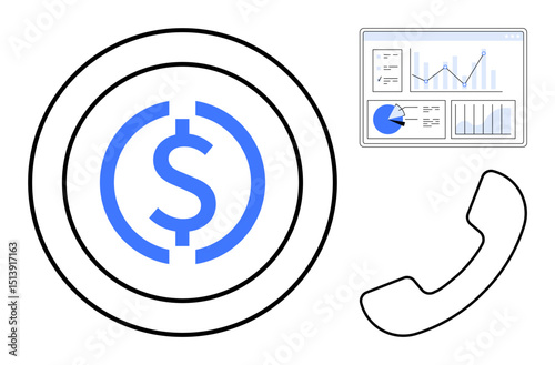 Dollar symbol surrounded by concentric circles, analytics dashboard with graphs and charts, and phone receiver. Ideal for finance, business strategy, analytics, communication, customer support