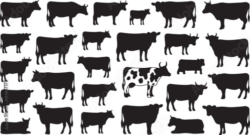 Black and white cow silhouettes of various sizes and poses on a white background