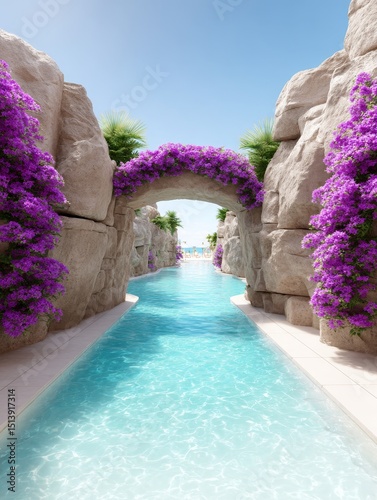 Serene Pool Oasis - Tranquil pool scene nestled between rock formations, adorned with vibrant purple bougainvillea. A perfect escape
