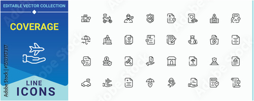 Coverage icon set. Contains related to health, protect, insurance, business, policy and more. Insurance icon set. Outline symbol collection. Editable stroke. Vector collection.