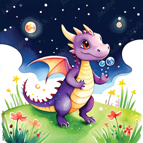 Enchanting Purple Dragon Watercolor Illustration Whimsical Fantasy Character On Grassy Knoll Under Starry Sky For Childrens Books And Fantasy Art Prints