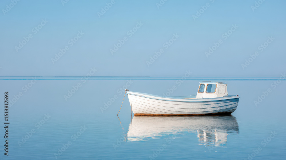 Naklejka premium serene scene featuring motorboat on tranquil waters positioned to left creating ample space for text