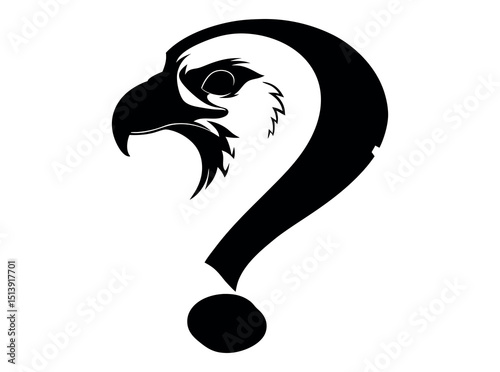 Symbolic Falcon Head Forming a Question Mark, black and white silhouette of a falcon's head integrated into a question mark symbol, logo, graphic design, abstract, silhouette, black and white, monochr