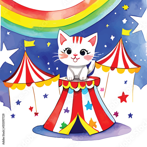 Cute Kitten Circus Watercolor Illustration For Childrens Books And Wall Art A Whimsical Drawing Featuring A Playful White Kitten Perched Atop A Red And White Circus Tent Set Against A Dreamy Blue