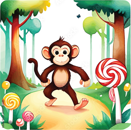 Happy Monkey In Candy Land Watercolor Illustration Whimsical Cartoon Animal Art For Childrens Books Nursery Decor And Playful Designs Showcasing A Cute Animal Amidst Colorful Lollipops And