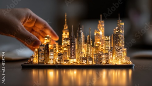 A hand hovering over a miniature city model with glowing windows on a reflective surface table top