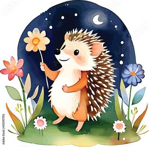 Cute Watercolor Hedgehog Illustration Whimsical Cartoon Animal With Flower For Childrens Art Nursery Decor And Playful Designs Set Against A Starry Night Backdrop With A Crescent Moon