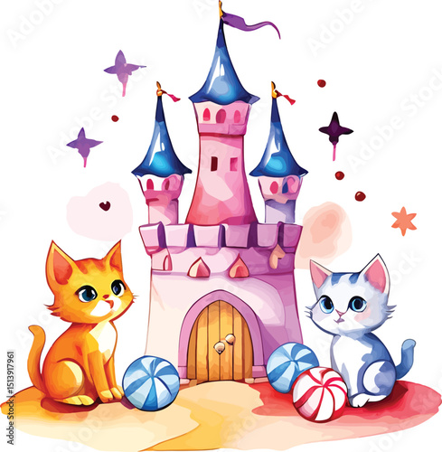 Whimsical Watercolor Illustration Two Adorable Kittens Gaze At A Pastel Fairytale Castle Surrounded By Colorful Candies And Sparkling Stars Creating A Dreamy And Charming Scene Perfect For