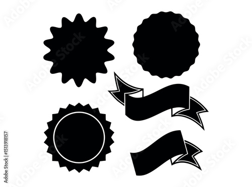 Black and white award ribbons and seals graphic design elements, vector graphic set of black award ribbons and seals on a white background, ribbons, badges, stars, graphic elements, silhouette, decora
