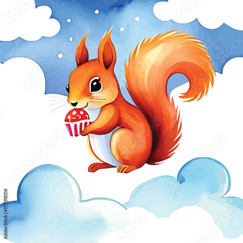 Watercolor Squirrel With Cupcake Illustration Whimsical Animal Art For Childrens Books And Creative Projects Sweet Treat And Forest Creature Delight