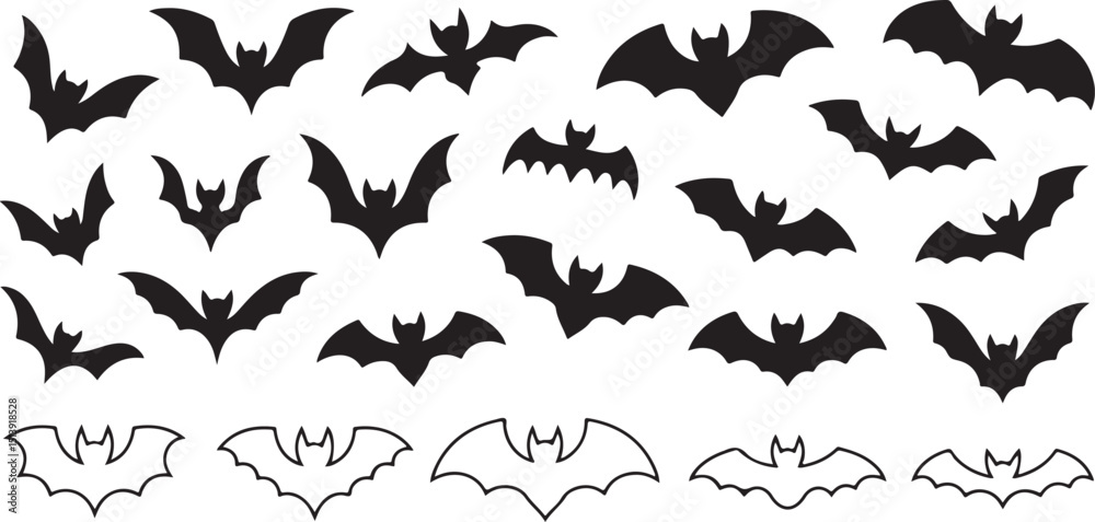 Naklejka premium Black silhouette of bats in various poses perfect for halloween or spooky themed design