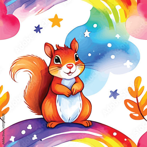 Cute Squirrel On Rainbow Watercolor Playful Illustration For Kids Nursery Decor And Cheerful Graphic Design