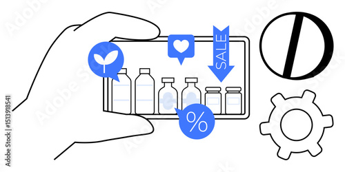 Hand holding a smartphone showcasing product bottles with sale, percent, and thumbs up notification icons. Ideal for e-commerce, promotion, app design, sales, marketing, consumer behavior visual