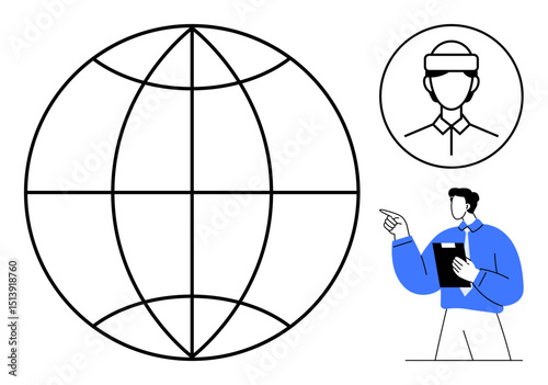 Large globe grid with business professional holding tablet, pointing to avatar in a circle. Ideal for technology, global communication, innovation, leadership, networking, education, remote work