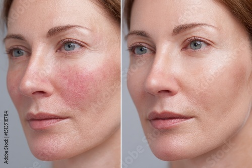 Comparison of a woman's face before and after rosacea treatment with visible skin improvements shown