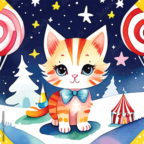 Playful Kitten Wonderland Watercolor Illustration Of A Festive Scene With A Cute Cat Trees Circus Tent And Stars For Childrens Books Nursery Decor And Holiday Themed Projects