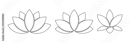 Set of lotus flowers vector icons. Relax, calm and harmony symbol. Black line icons.