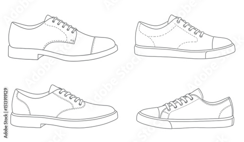 set of outline Cool Sneakers. Shoes sneaker outline drawing vector, Sneakers drawn in a sketch style, sneaker trainers template outline, Set Collection. vector Illustration.