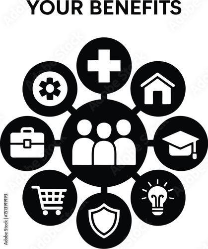 Minimalist black and white vector with geometric abstract shapes representing various services.