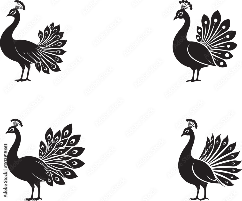 Naklejka premium A set of artistic black peacock silhouettes with ornamental tail feathers depicted. These stylized icons represent beauty, elegance, and symmetry. Bird Designs