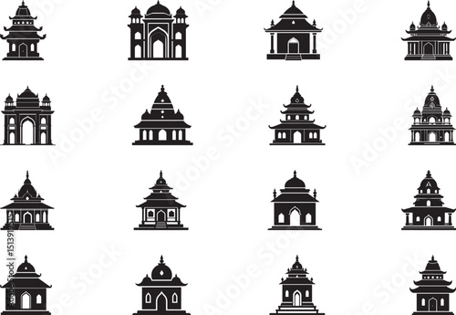 A collection of silhouette icons depicting a variety of religious temples and architectural monuments, ideal for graphic design, educational purposes, or exploring historical and sacred buildings.

