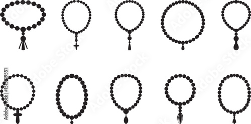 Illustration featuring a collection of rosary, puja mala designs displayed as black silhouettes on a white background, emphasizing their distinct styles of crosses, beads, and sacred motifs.