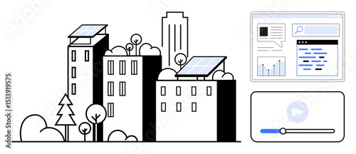 Urban buildings with solar panels, trees, digital browser interface, media player controls, and analytics chart. Ideal for sustainability, clean energy, smart cities, technology urban planning