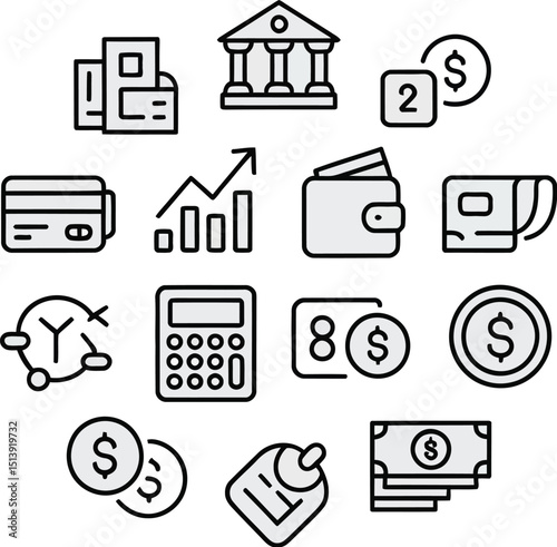 Minimalist black and white finance icons including calculator, dollar sign, wallet, piggy bank, and credit card.





