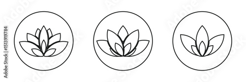 Set of lotus flowers vector icons. Relax, calm and harmony symbol. Black line icons.