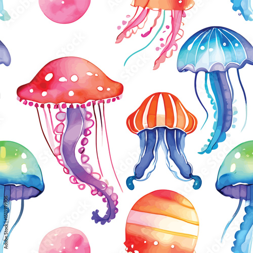 Whimsical Watercolor Jellyfish Pattern Playful Ocean Life Illustration For Childrens Designs And Textile Prints Featuring Vibrant And Colorful Hand Painted Aquatic Creatures In A Seamless