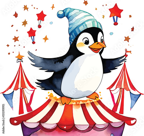 Whimsical Penguin Circus Performer Watercolor Illustration For Childrens Books And Festive Holiday Designs Featuring A Cheerful Penguin Balancing On A Striped Circus Tent With Festive Starry