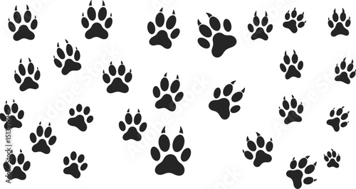 Assorted animal paw print collection. Black silhouettes of dog, cat, wildlife tracks. For pet, nature, trail, veterinary. AI Generative
