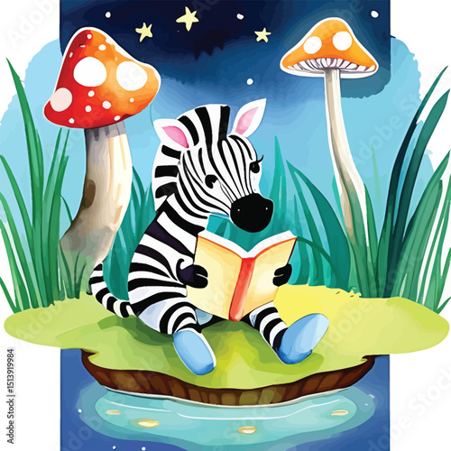 Whimsical Zebra Reading Under Starry Sky Cute Animal Illustration For Childrens Books And Educational Posters Watercolor Style