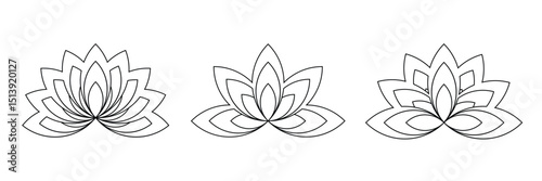 Set of lotus flowers vector icons. Relax, calm and harmony symbol. Black line icons.