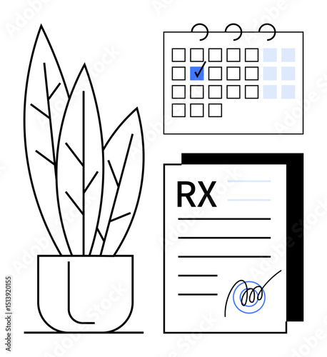 Prescription forms with signature next to potted plant and calendar marked with event. Ideal for wellness, healthcare reminder, self-care, medical planning, pharmacy, organization, flat simple