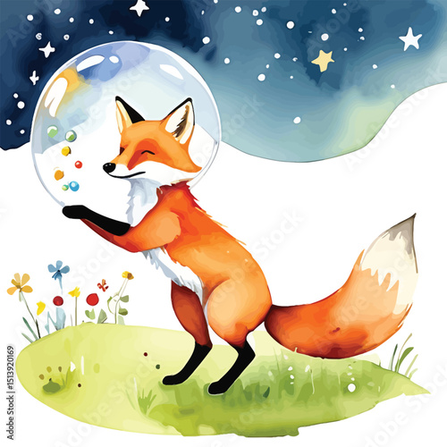 Playful Fox In Space Bubble Watercolor Illustration Whimsical Animal Art For Childrens Books And Educational Resources Dreamy And Cute Design