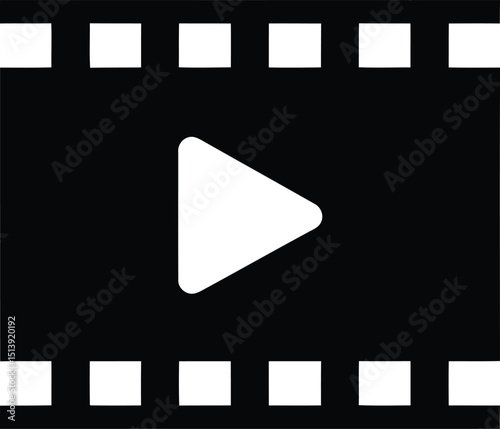Simple video play icon. White play triangle on black film strip. For media player, movie, multimedia content, UI element. AI Generative
