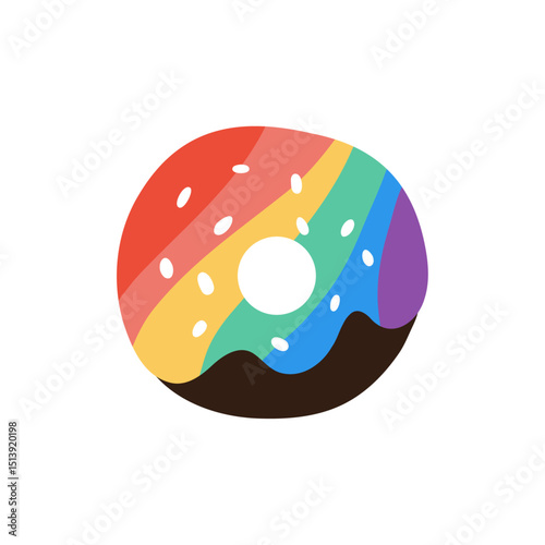 Rainbow-colored donut vector illustration on white background. Fun flat design of LGBTQ pride, diversity, love, and self-expression. Minimalist flat design. Perfect for pride events, bakery.