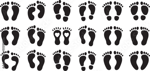 Collection of black footprints in various designs and formations on white background