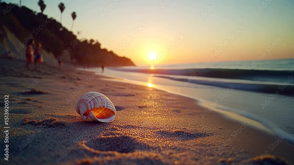 Seashell on beach at sunrise ocean wave and golden sunlight